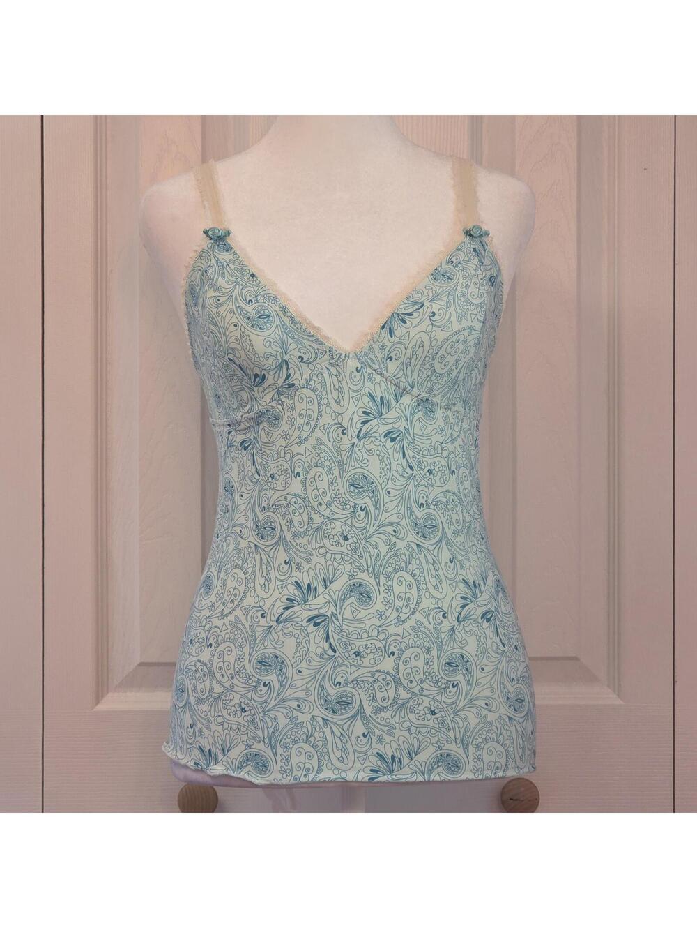 Aqua Blue Paisley Lace Trim Cami Top Size M Girly Y2K Mermaid Fairy Rosette Tank